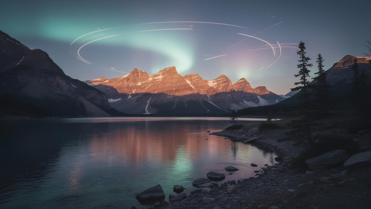Aurora-like casino lights over a Canadian mountain sunrise, stylized and vibrant